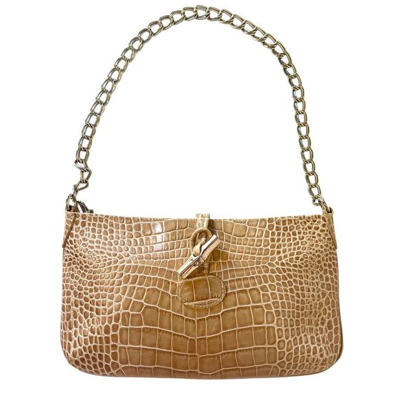 Longchamp Croc Embossed Leather Shoulder Bag Beige Tan Bamboo Chain Vintage Y2K - Picture 1 of 9